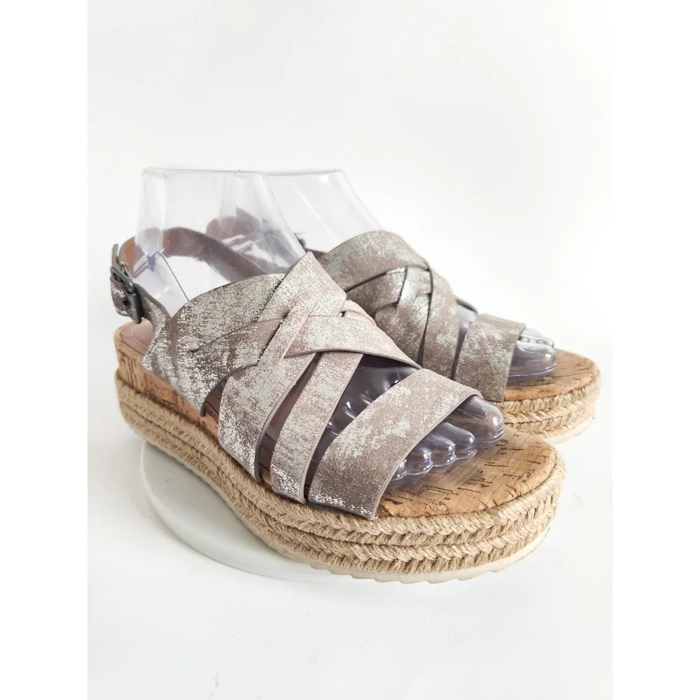 Trask Sandals 7.5 Espadrille Platform Metallic Silver Leather Strappy Boho Wedge